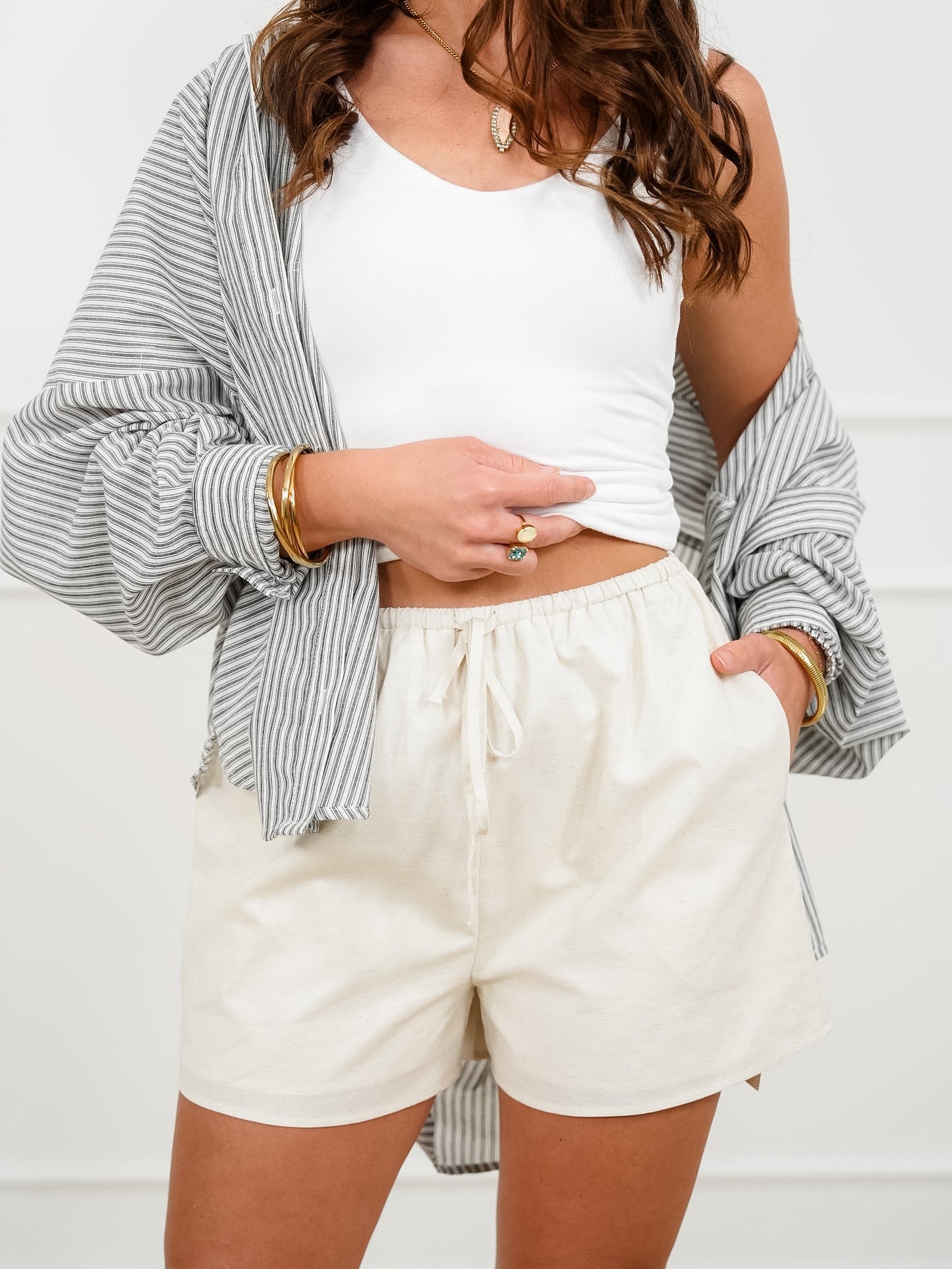 Linen Blend Elastic Waist Shorts with Side Pockets