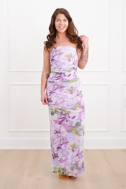 Lavender Floral Strapless Maxi Dress with Ruched Sides