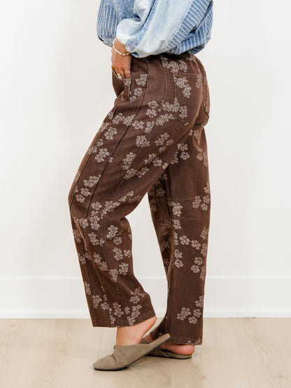 Floral Print High Waist Barrel Leg Jeans