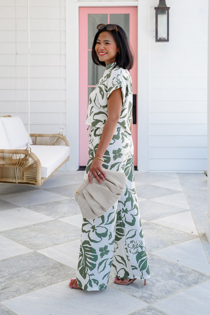 Olive Printed Short Sleeve Button Up Top and Pants Set
