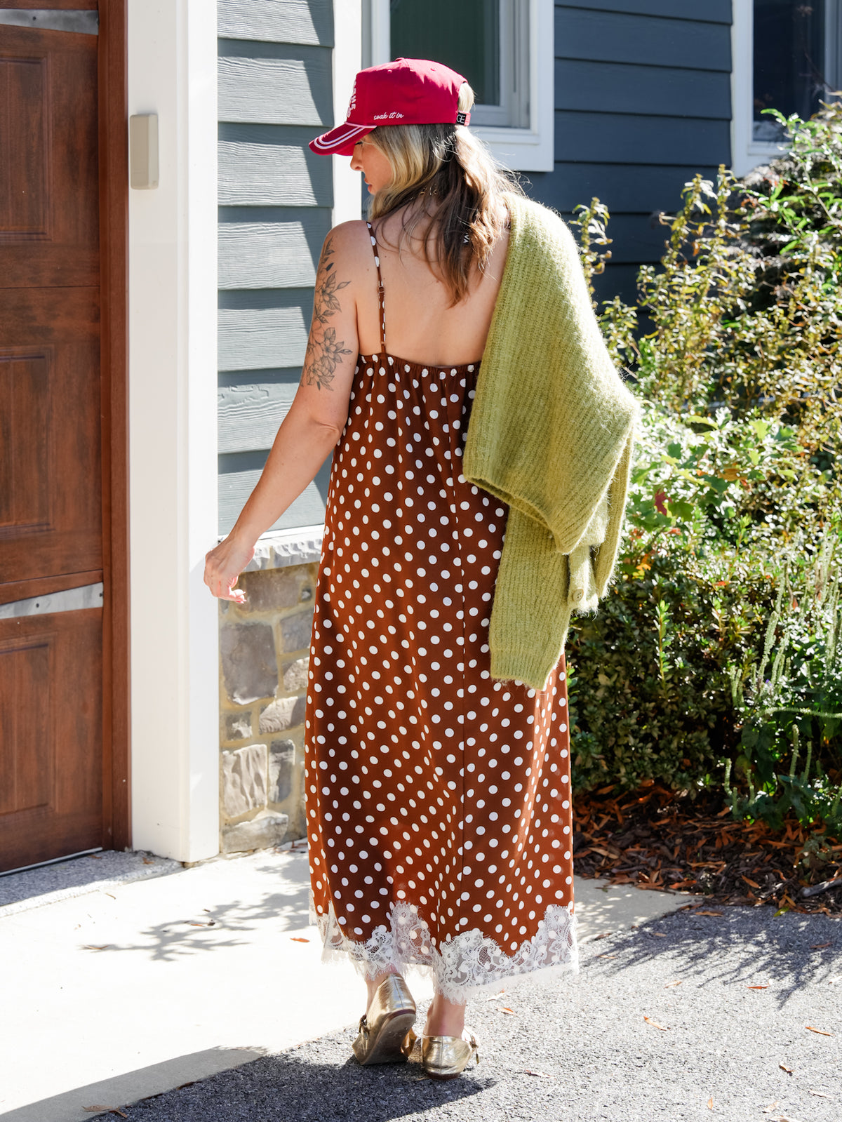 Polka Dot Sleeveless Midi Dress With Lace Trim