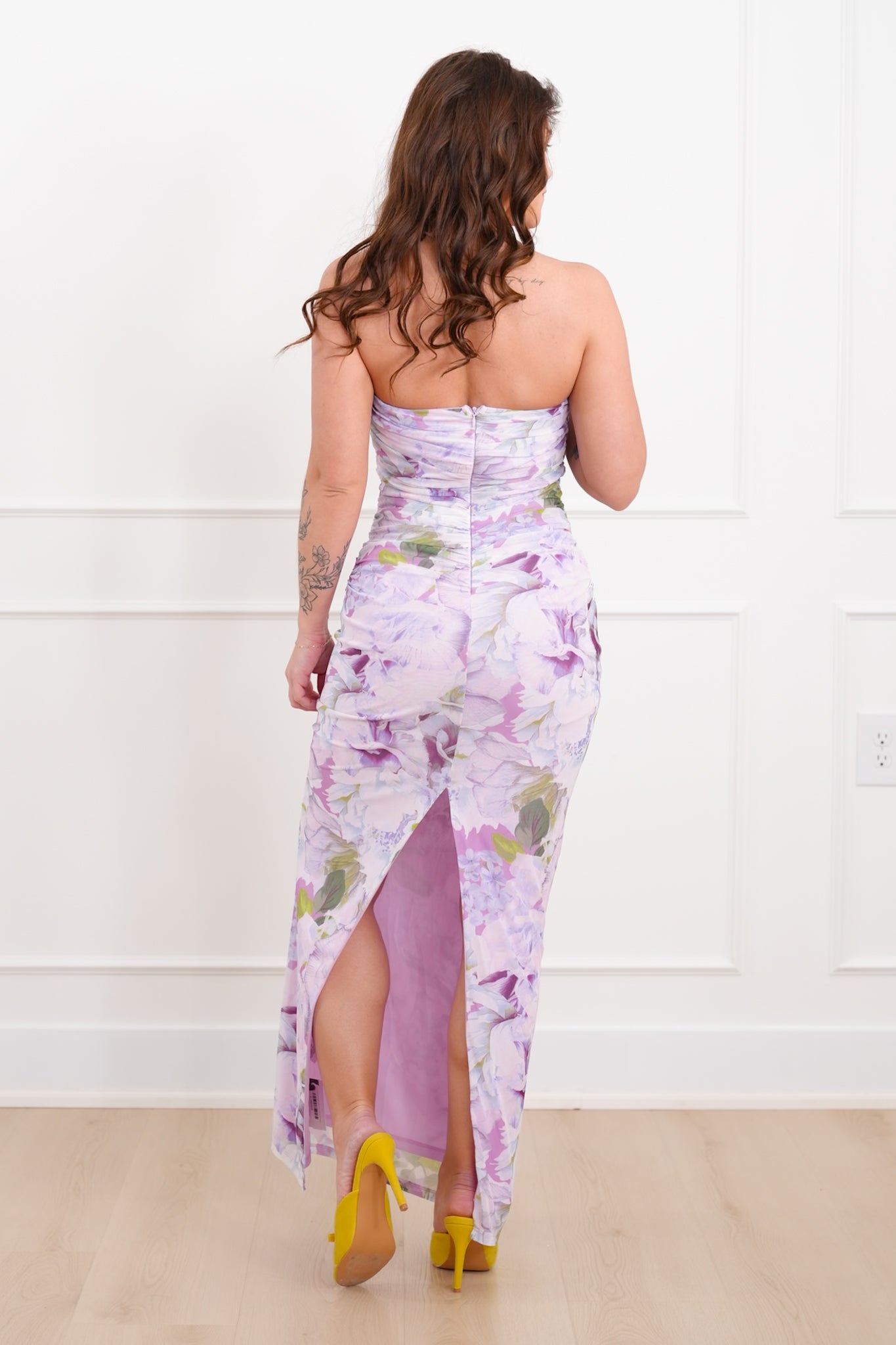 Lavender Floral Strapless Maxi Dress with Ruched Sides