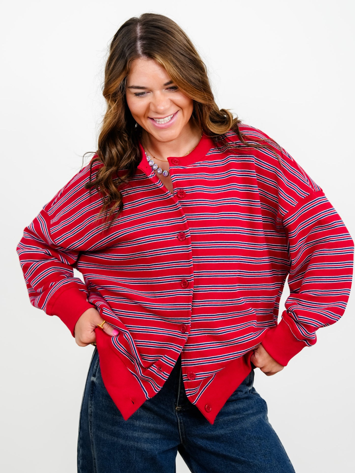 French Terry Striped Button Down Cardigan