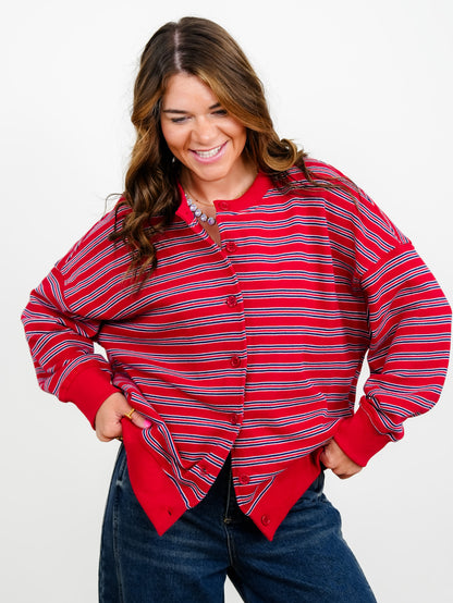 French Terry Striped Button Down Cardigan