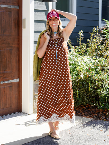 Polka Dot Sleeveless Midi Dress With Lace Trim