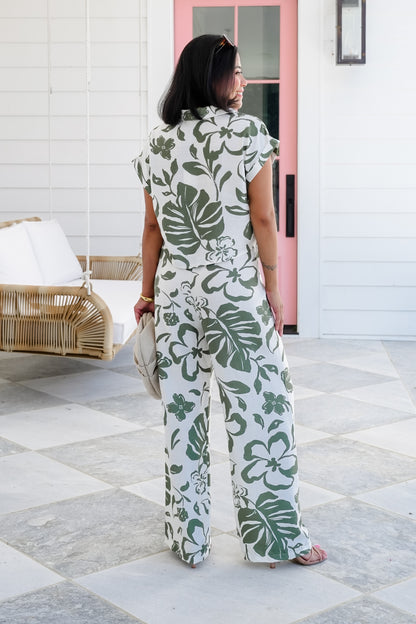 Olive Printed Short Sleeve Button Up Top and Pants Set