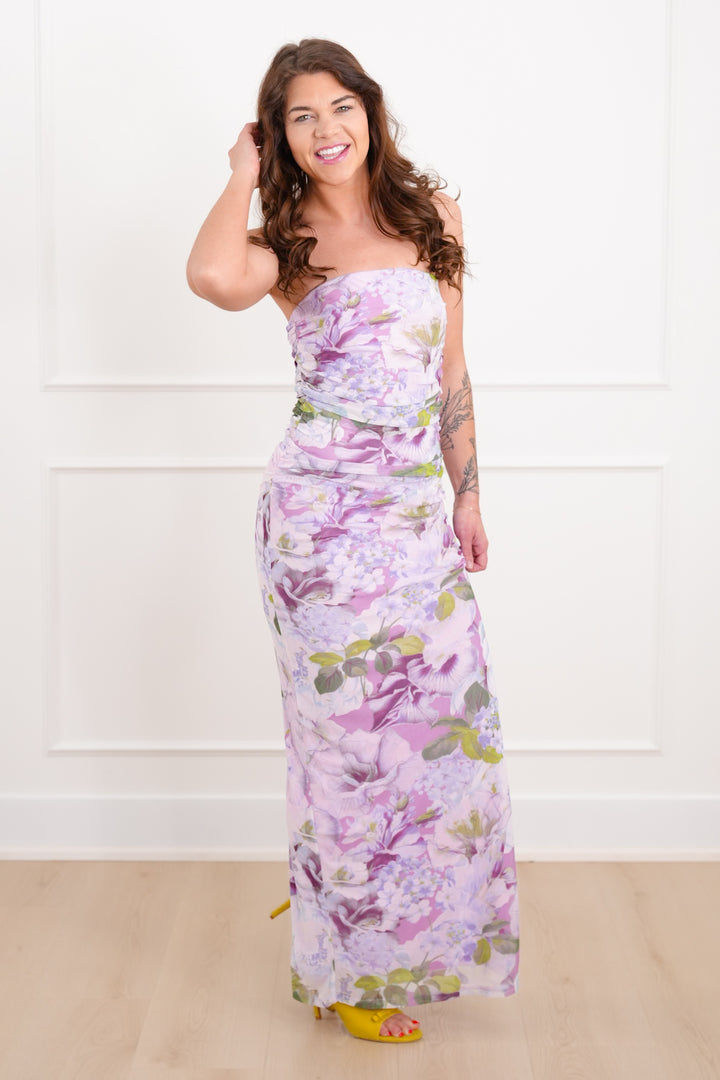 Lavender Floral Strapless Maxi Dress with Ruched Sides