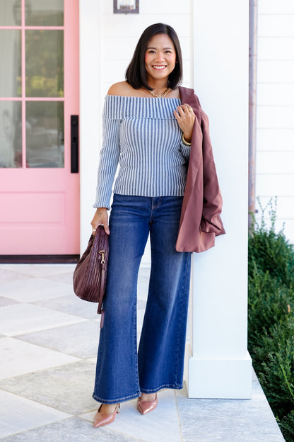 Ribbed Knit Long Sleeve Off Shoulder Top