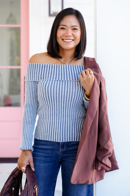 Ribbed Knit Long Sleeve Off Shoulder Top