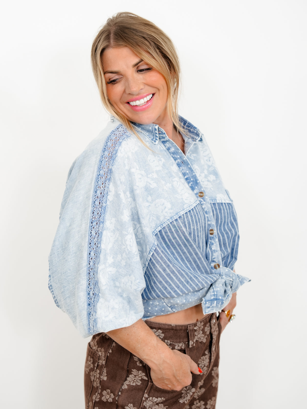 Plus/Reg Patchwork Long Dolman Sleeve Button Down Top