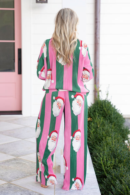 Stripe Long Sleeve Santa Top and Bottom Lounge Set