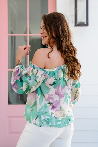 Floral Print Long Sleeve Cold Shoulder Blouse