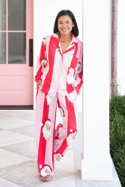 Stripe Long Sleeve Santa Top and Bottom Lounge Set