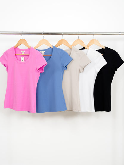 Restock! Door Buster! Plus/Reg Solid Basic Short Sleeve Round Neck Top