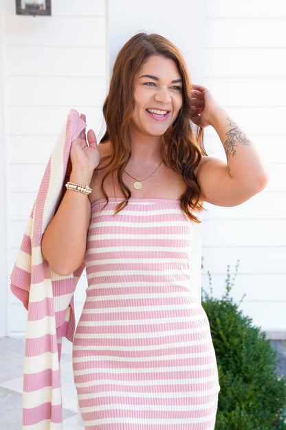 Stripe Cardigan And Strapless Midi Knit Dress Set