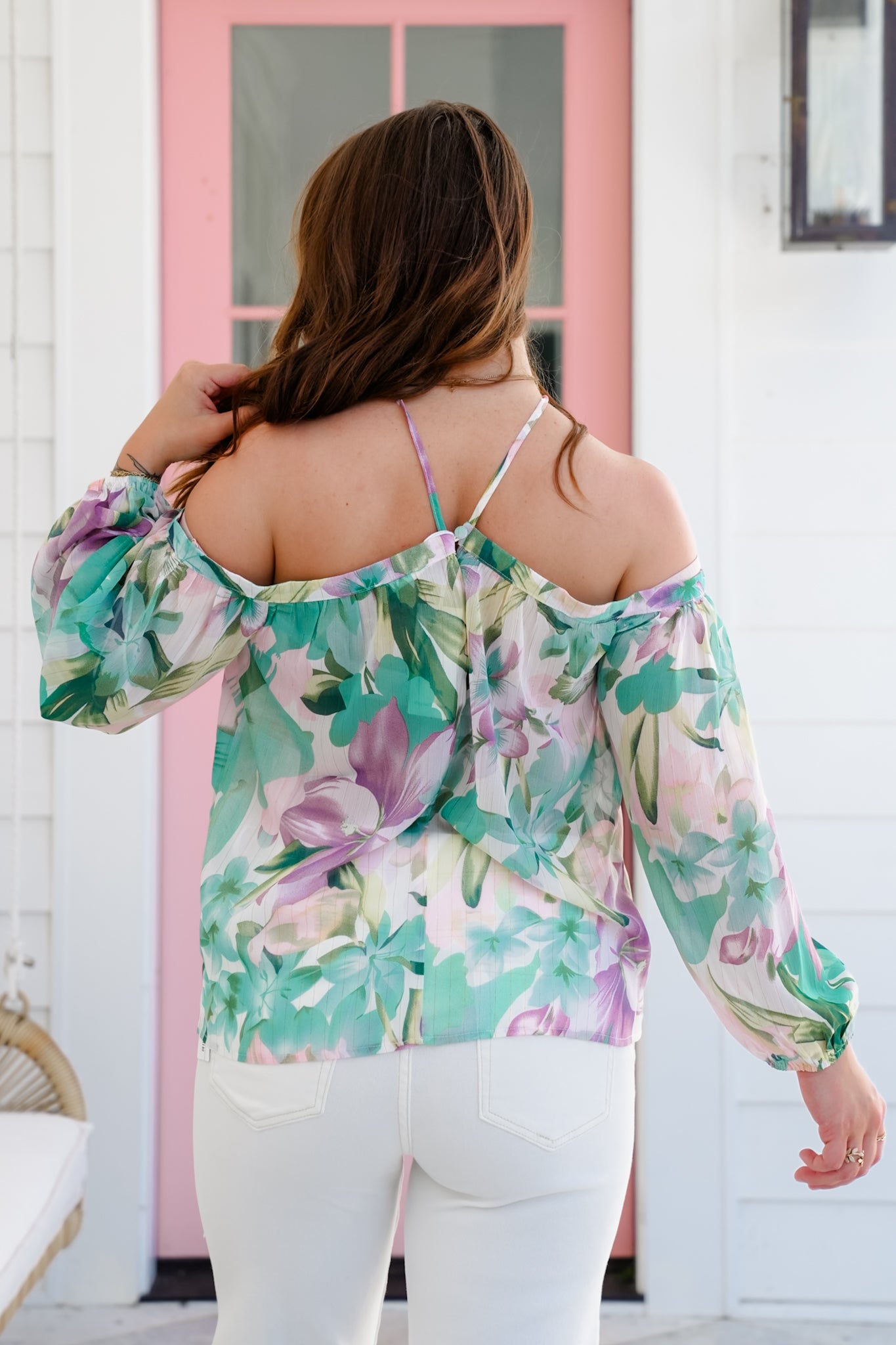 Floral Print Long Sleeve Cold Shoulder Blouse