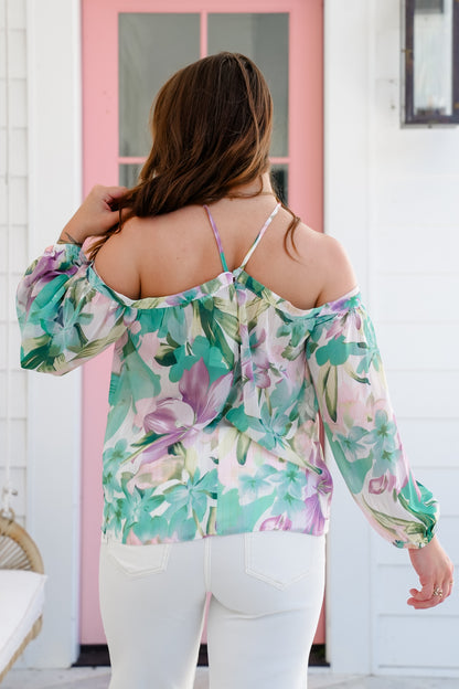 Floral Print Long Sleeve Cold Shoulder Blouse