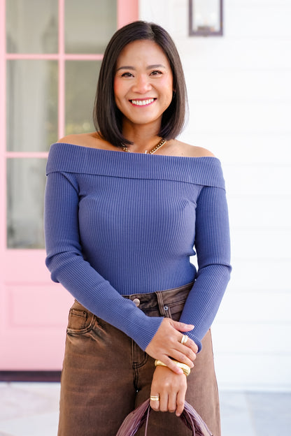 Ribbed Knit Long Sleeve Off Shoulder Top