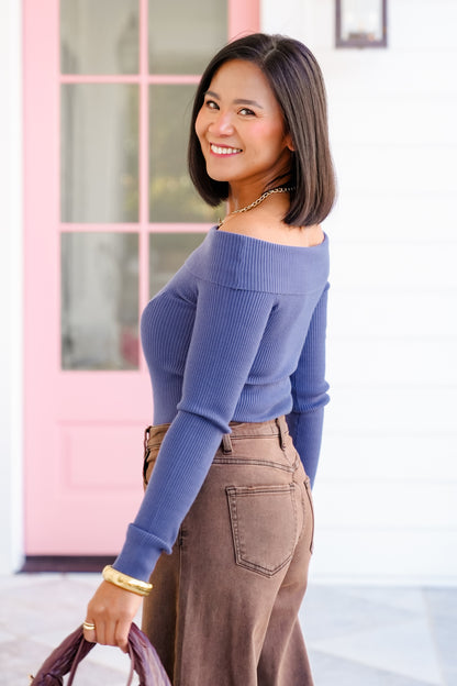 Ribbed Knit Long Sleeve Off Shoulder Top