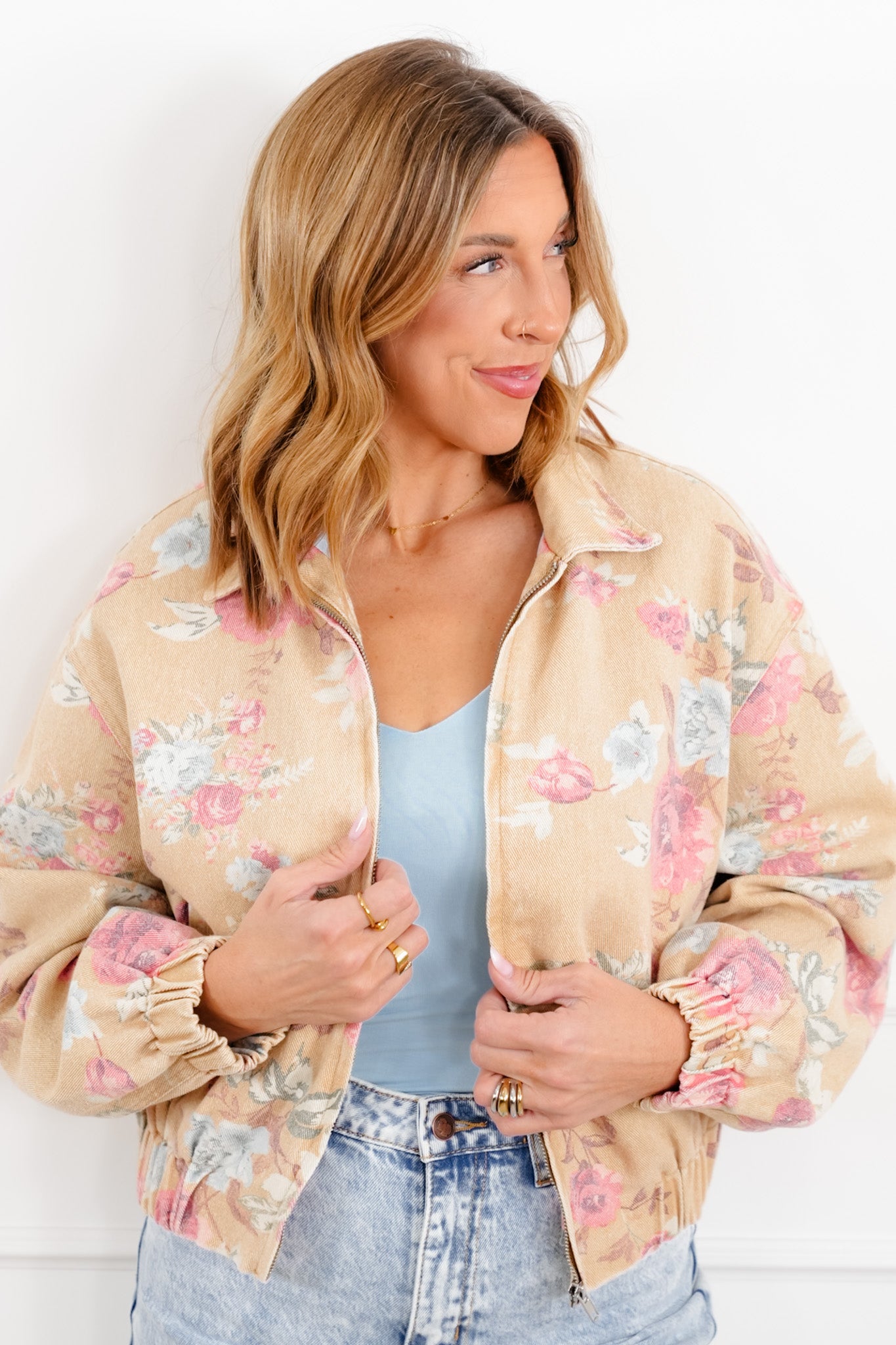 Floral Print Long Sleeve Zip Up Jacket