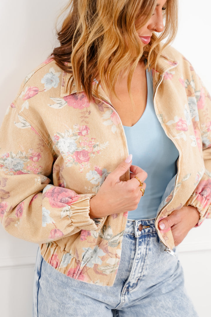 Floral Print Long Sleeve Zip Up Jacket