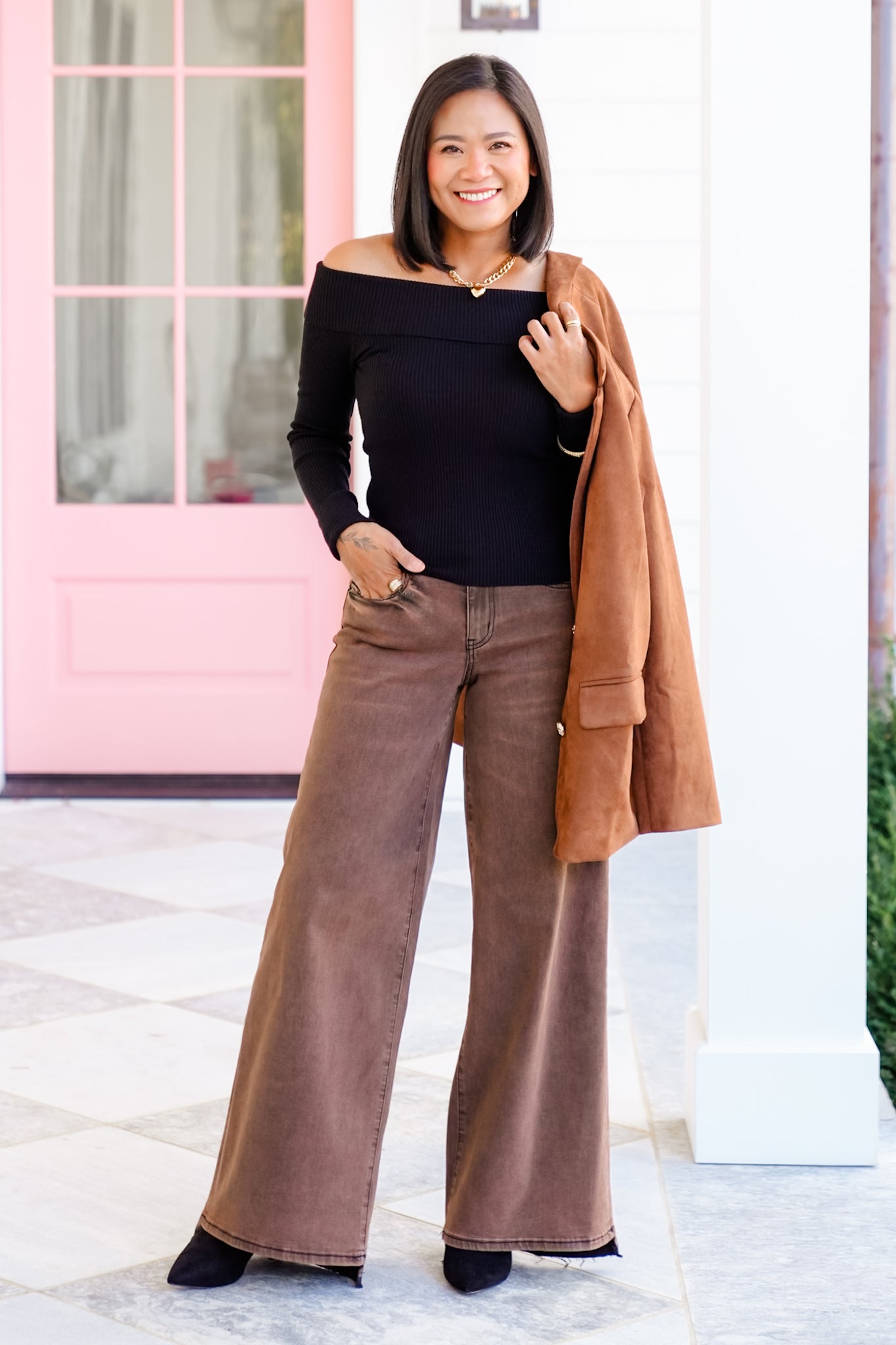 Ribbed Knit Long Sleeve Off Shoulder Top