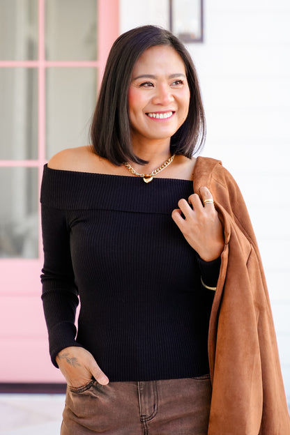 Ribbed Knit Long Sleeve Off Shoulder Top