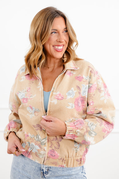 Floral Print Long Sleeve Zip Up Jacket