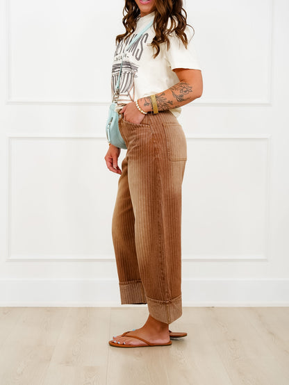 Plus/Reg Brown Denim Vintage Stripe Cuffed Leg Barrel Pants