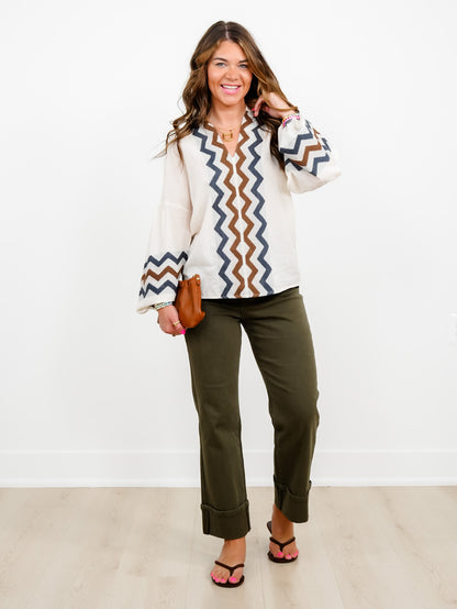Cotton Blend Long Sleeve V-Neck Top With Zigzag Detail