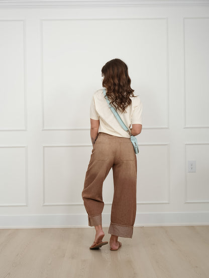 Plus/Reg Brown Denim Vintage Stripe Cuffed Leg Barrel Pants