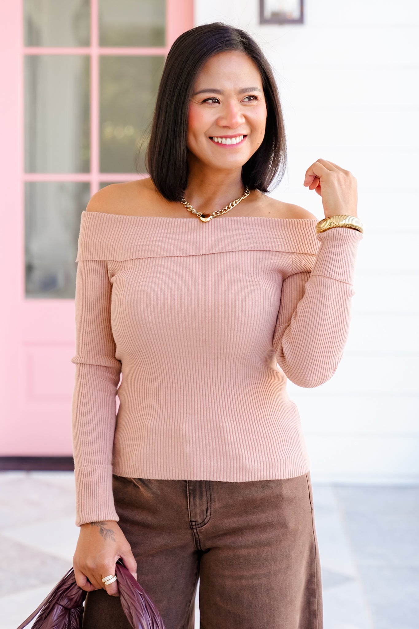 Ribbed Knit Long Sleeve Off Shoulder Top