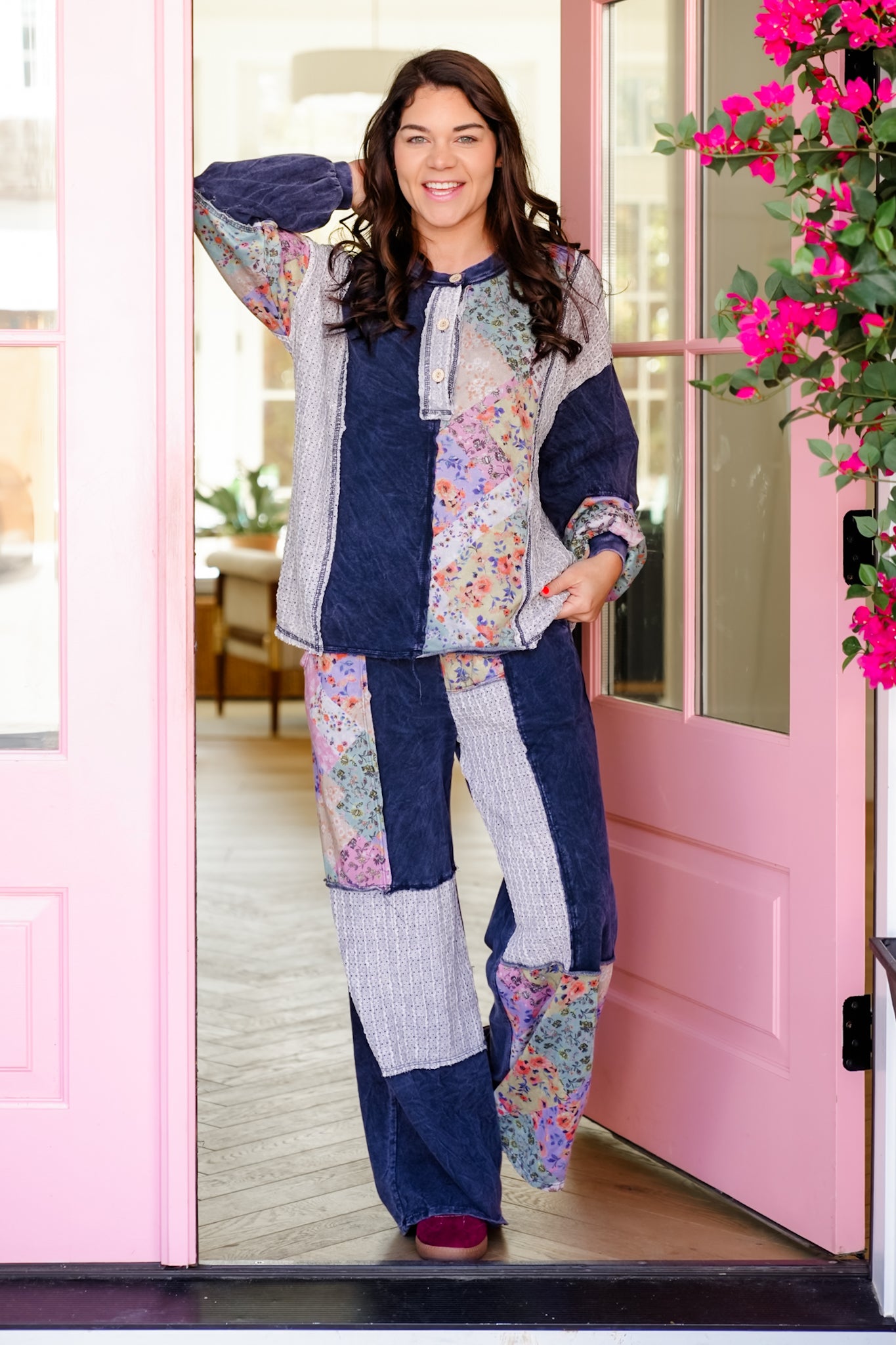 Color Block Floral Elastic Waist Wide Leg Knit Pants with Side Pockets