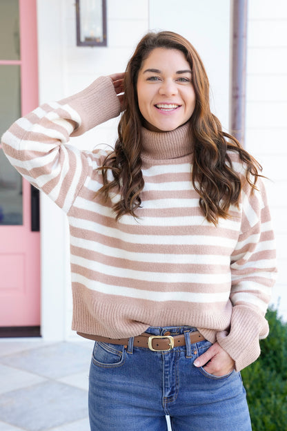 Stripe Long Sleeve Turtleneck Sweater