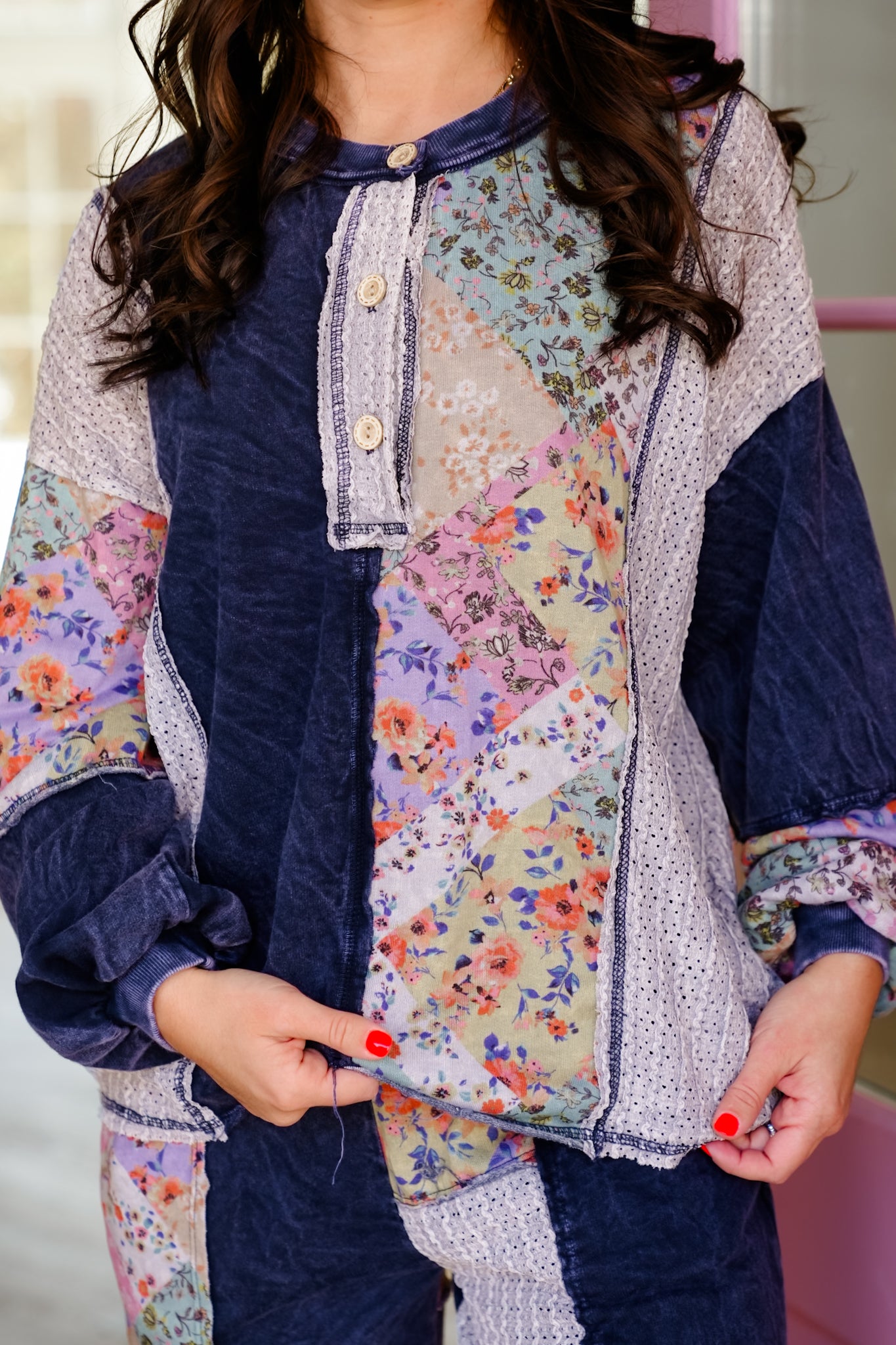 Color Block Floral Long Sleeve Button Up Top