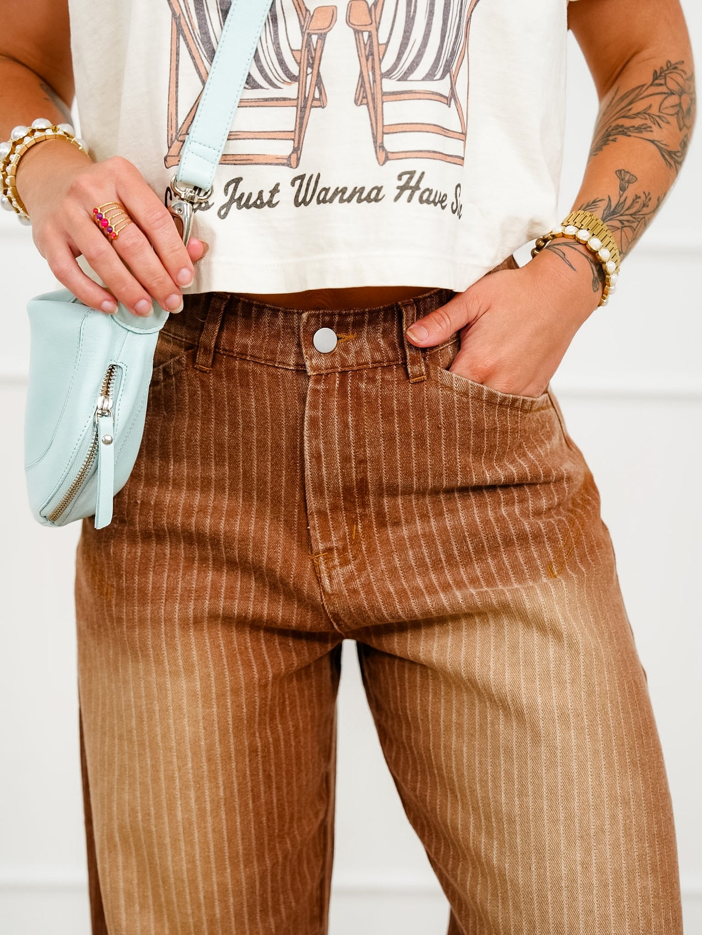 Plus/Reg Brown Denim Vintage Stripe Cuffed Leg Barrel Pants