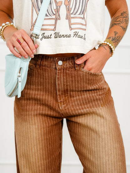Plus/Reg Brown Denim Vintage Stripe Cuffed Leg Barrel Pants