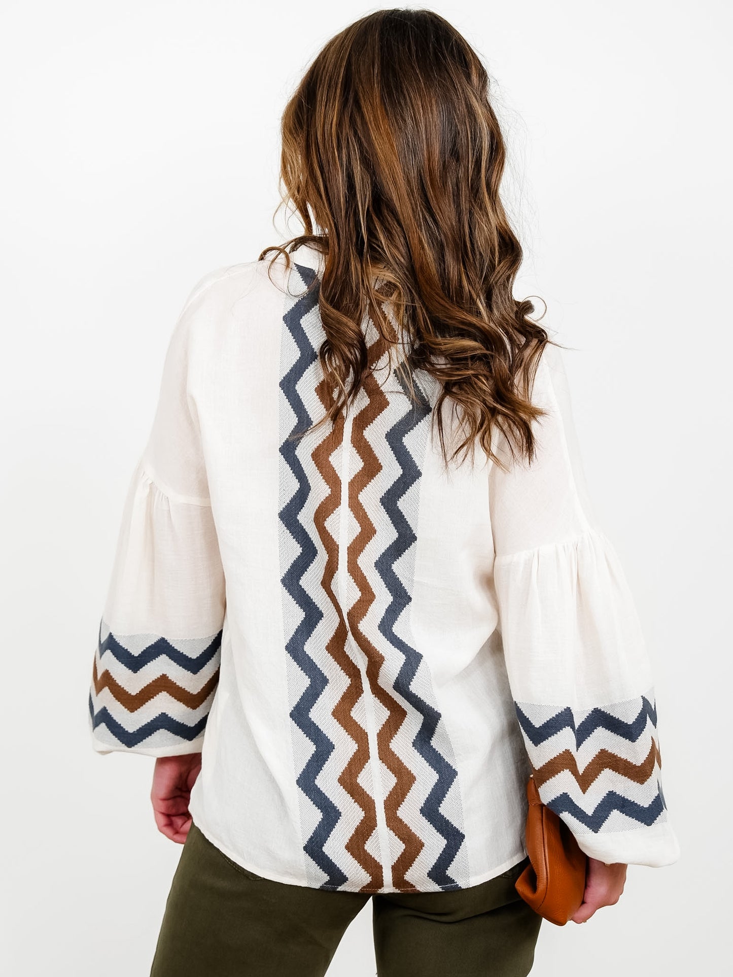 Cotton Blend Long Sleeve V-Neck Top With Zigzag Detail