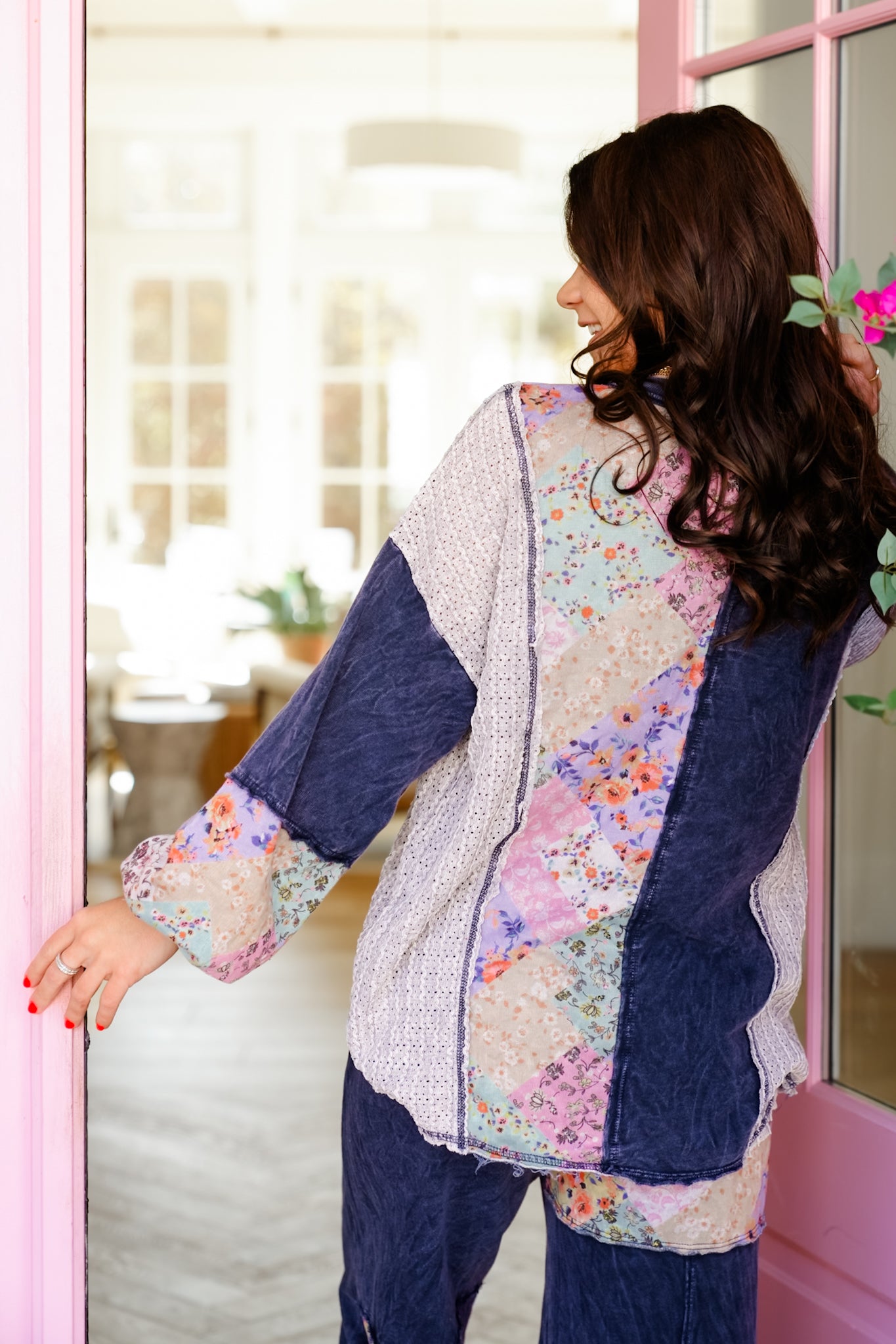 Color Block Floral Long Sleeve Button Up Top