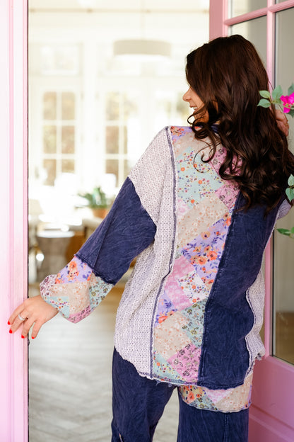 Color Block Floral Long Sleeve Button Up Top