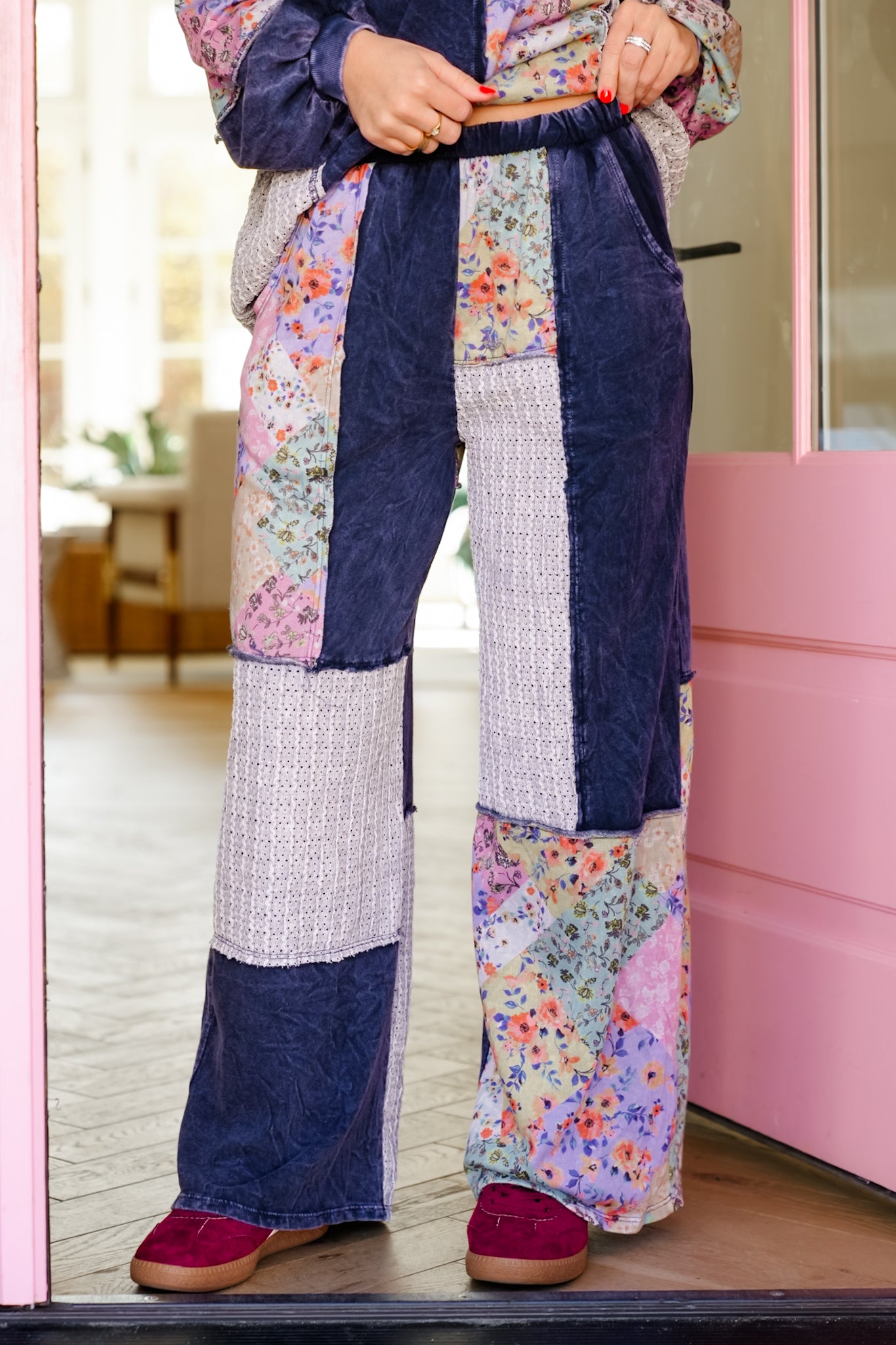 Color Block Floral Elastic Waist Wide Leg Knit Pants with Side Pockets