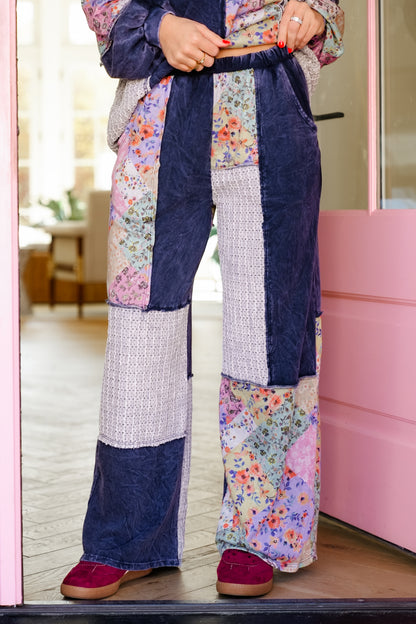 Color Block Floral Elastic Waist Wide Leg Knit Pants with Side Pockets