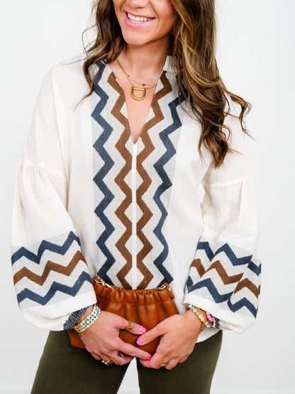 Cotton Blend Long Sleeve V-Neck Top With Zigzag Detail