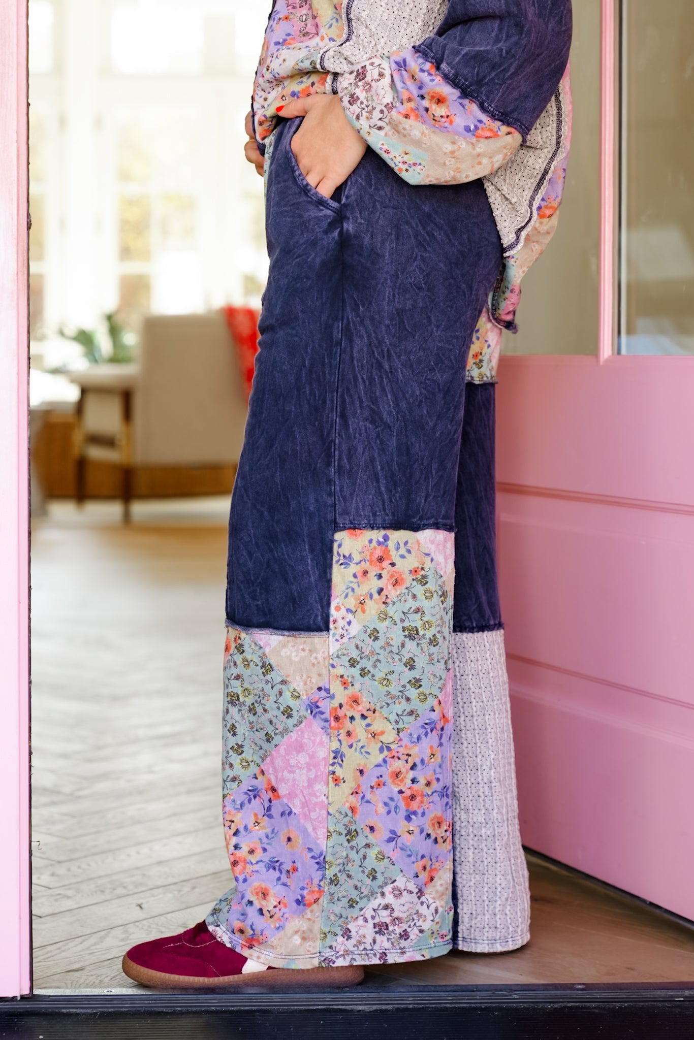 Color Block Floral Elastic Waist Wide Leg Knit Pants with Side Pockets