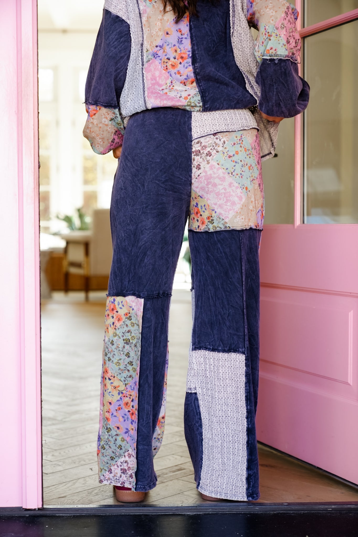 Color Block Floral Elastic Waist Wide Leg Knit Pants with Side Pockets