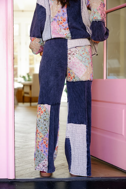 Color Block Floral Elastic Waist Wide Leg Knit Pants with Side Pockets