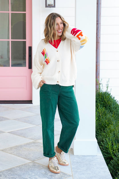 Knit Long Sleeve Cardigan with ''Merry Christmas'' Patchwork
