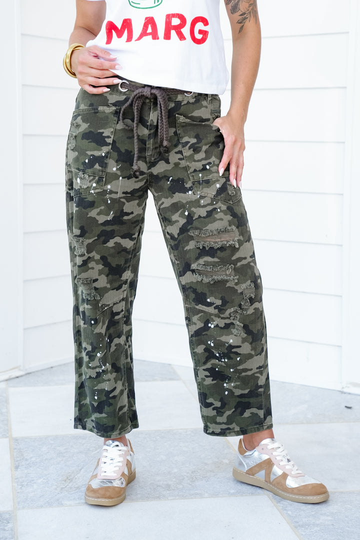 Distressed Camo Pants with Paint Splatter Detail