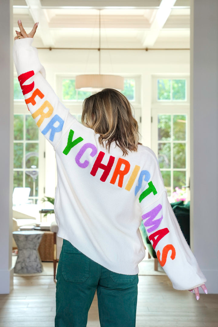 Knit Long Sleeve Cardigan with ''Merry Christmas'' Patchwork