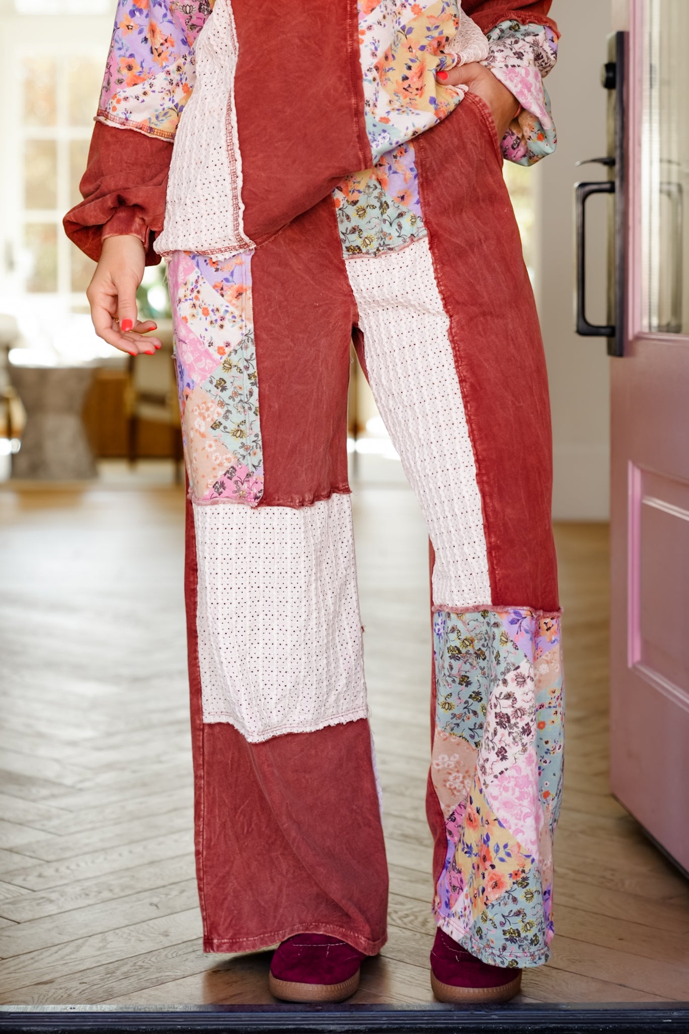 Color Block Floral Elastic Waist Wide Leg Knit Pants with Side Pockets